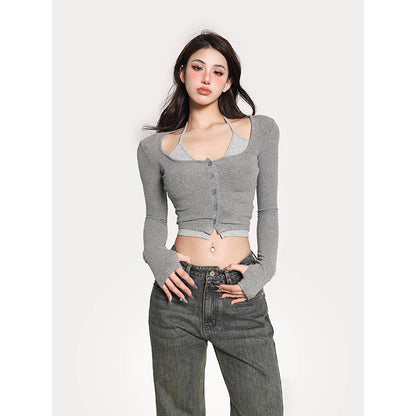 Antmvs Gwen Fake Two Piece Halter Long-sleeved Button Up Slim Cropped Top