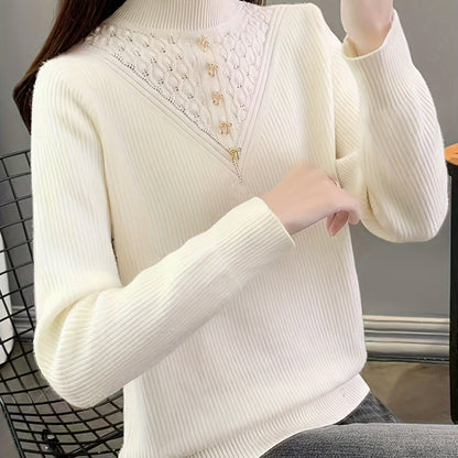 Antmvs Solid Mock Neck Fleece Sweater, Elegant Button Long Sleeve Thermal Inner Wear Sweater, Women's Clothing