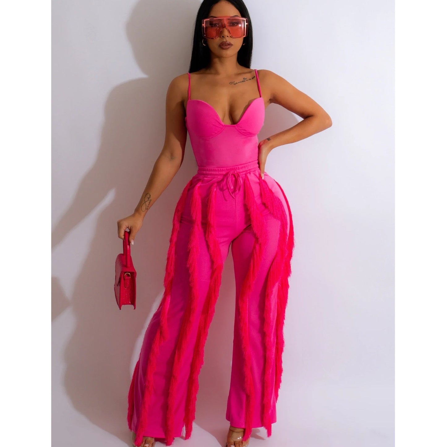 Antmvs -  New European and American Women's Clothing Hot Sale Solid Color Tassel Two-piece Suit