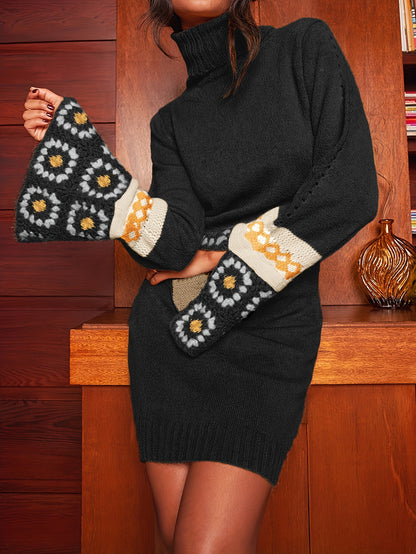 Antmvs Hippie Patchwork Turtleneck Knitted Sweater Dress, Casual Flared Cuff Long Sleeve Dress, Women's Clothing