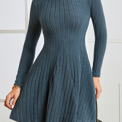 Antmvs Solid Ribbed Dress, Casual Mock Neck Long Sleeve Dress, Women's Clothing
