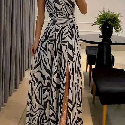 Antmvs Abstract Print One Shoulder Dress, Elegant Backless Sleeveless Maxi Dress, Women's Clothing