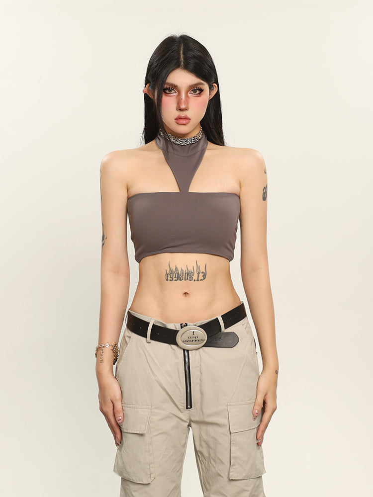 Antmvs Tiara Solid Color Chest Pads Double Vest Halter Suspender Sleeveless Tube Slim Cropped Top