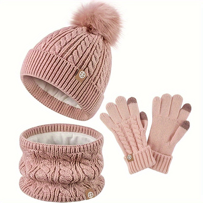 Teenager Hat, Scarf and Gloves Three-pcs Set Winter Thickened and Fleece-lined Warm Knitted Set