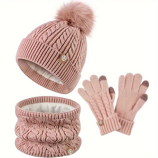 Teenager Hat, Scarf and Gloves Three-pcs Set Winter Thickened and Fleece-lined Warm Knitted Set