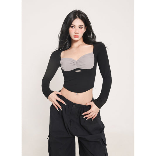 Antmvs Hella Contrast Color Black & Grey Long Sleeve Panel Design Sense Knitted Slim Cropped Top