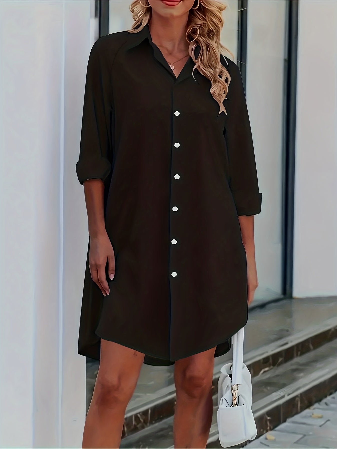 Antmvs Button Front Shirt Dress, Sexy 3/4 Sleeve Solid Turn Down Collar Dress, Women's Clothing