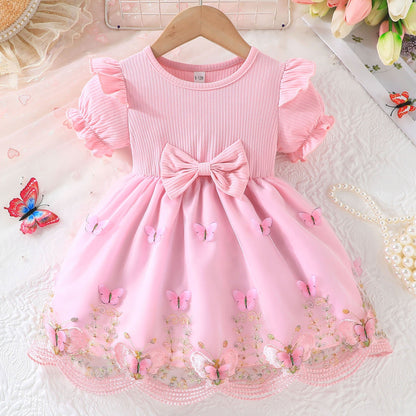 Baby Girls Exquisite Butterfly Embroidered Puff Sleeve Dress - Soft Slight Stretch Polyester Fabric, Regular Fit, Casual Style for Summer/Spring, Ideal Gift for Infant & Toddler - Butterfly Pattern, Woven, No Sheer, Elegant Ruffles and Mesh Splicing Detai