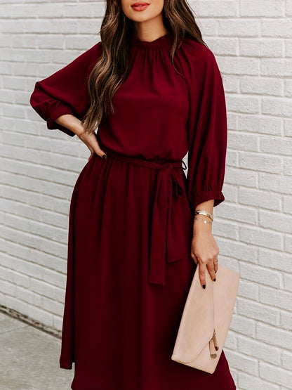 Antmvs Long Sleeve Tie Waist Midi Dress, Solid Casual Dress For Spring & Fall, Women's Clothing