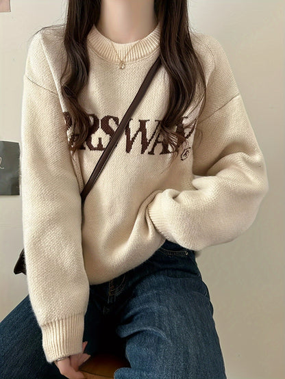 Antmvs Letter Pattern Crew Neck Pullover Sweater, Casual Long Sleeve Drop Shoulder Sweater, Women's Clothing