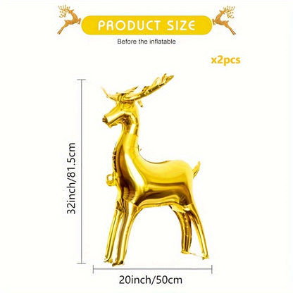 2-Pack 32-Inch Large Golden Reindeer Balloons, Self-Sealing Aluminum Film Christmas Party Decor for New Year's & Winter Celebrations, Suitable for Ages 14+