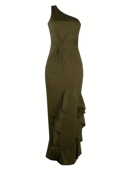 Antmvs Ruffle Trim Twist Dress, Sexy One Shoulder Sleeveless Maxi Dress, Women's Clothing