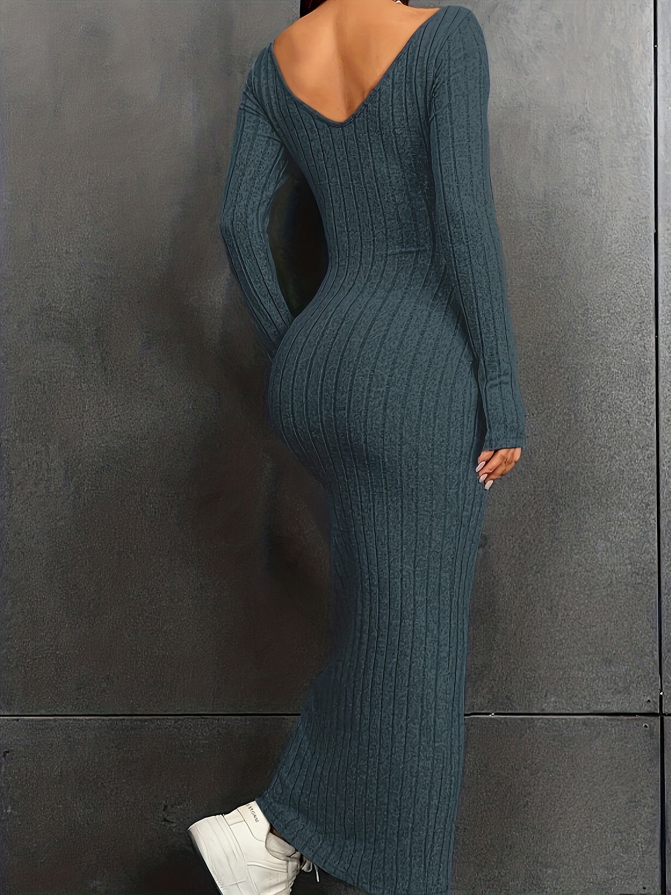 Antmvs Ribbed Backless Dress, Casual Long Sleeve Bodycon Dress, Women's Clothing