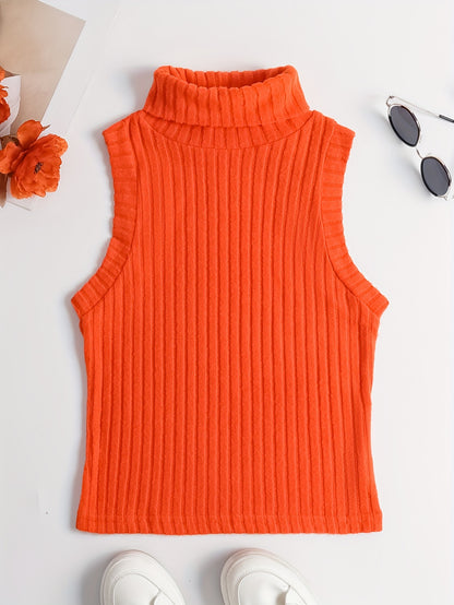 Antmvs Rib Knit High Neck Sweater Knitted Top, Sleeveless Casual Tank Top, Women's Clothing