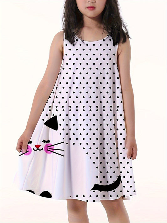 Adorable Girls Sleeveless Polka Dot Kitty Print Dress - Lightweight & Comfortable Casual Loose Sundress for Playful Summer Holidays & Parties