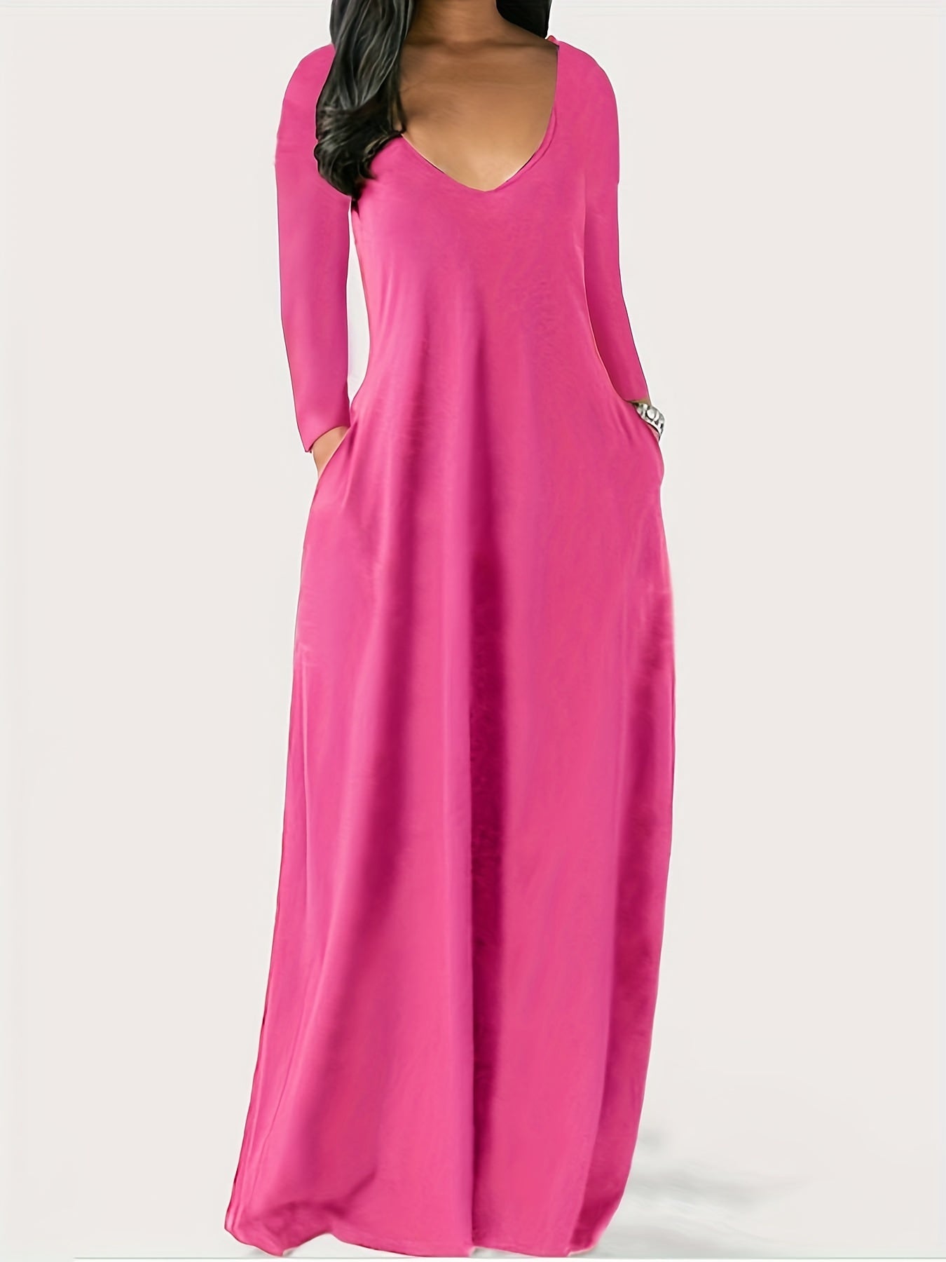 Antmvs Plus Size Casual Dress, Women's Plus Solid Long Sleeve V Neck Medium Stretch Maxi Dress