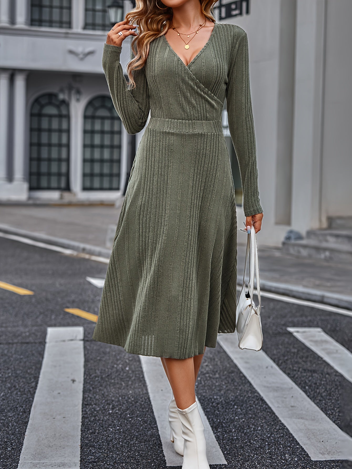 Antmvs Solid Surplice Neck Dress, Elegant Long Sleeve Midi Dress, Women's Clothing