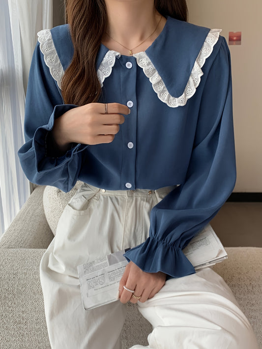 Antmvs Eyelet Lace Stitching Peter Pan Collar Shirt, Sweet Long Sleeve Button Front Shirt For Spring & Fall, Women's Clothing