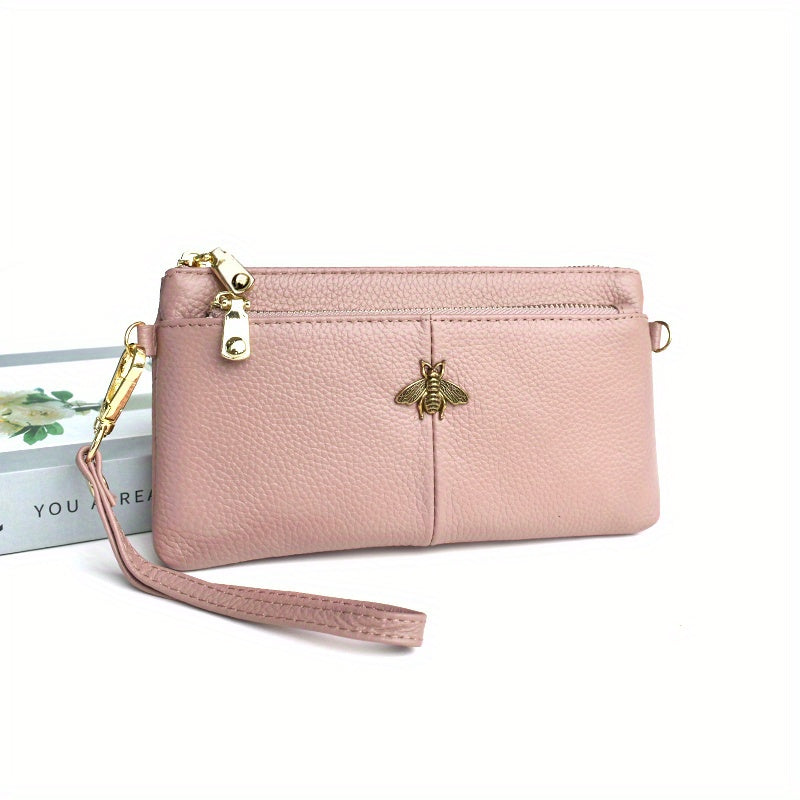 Luxury Bee Decor Clutch Bag, Fashion Multi Zipper Coin Purse, Women's Leather Wrist Phone Bag