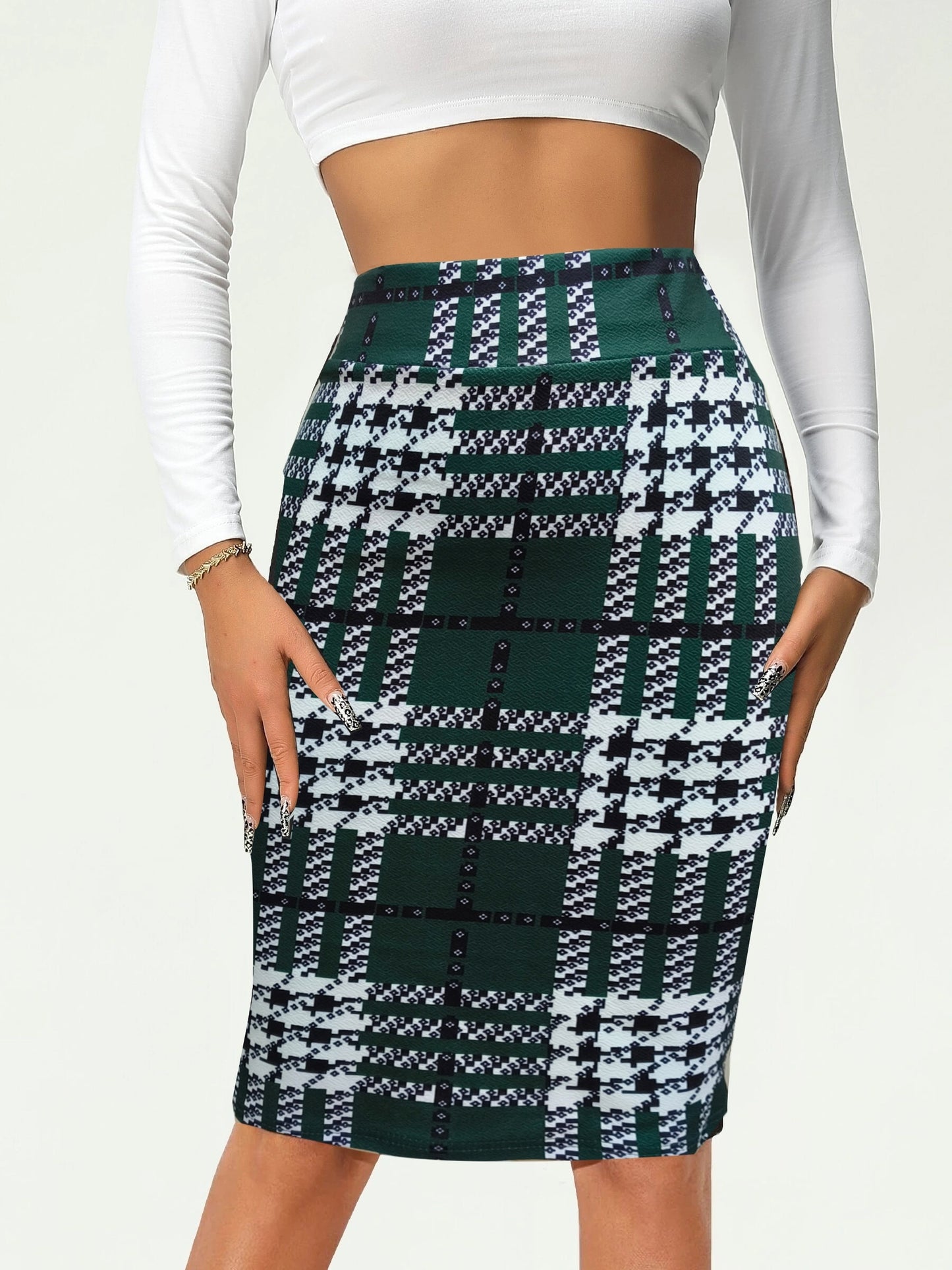 Antmvs Plaid High Waist Pencil Skirt, Elegant Knee Length Bodycon Skirt, Women's Clothing