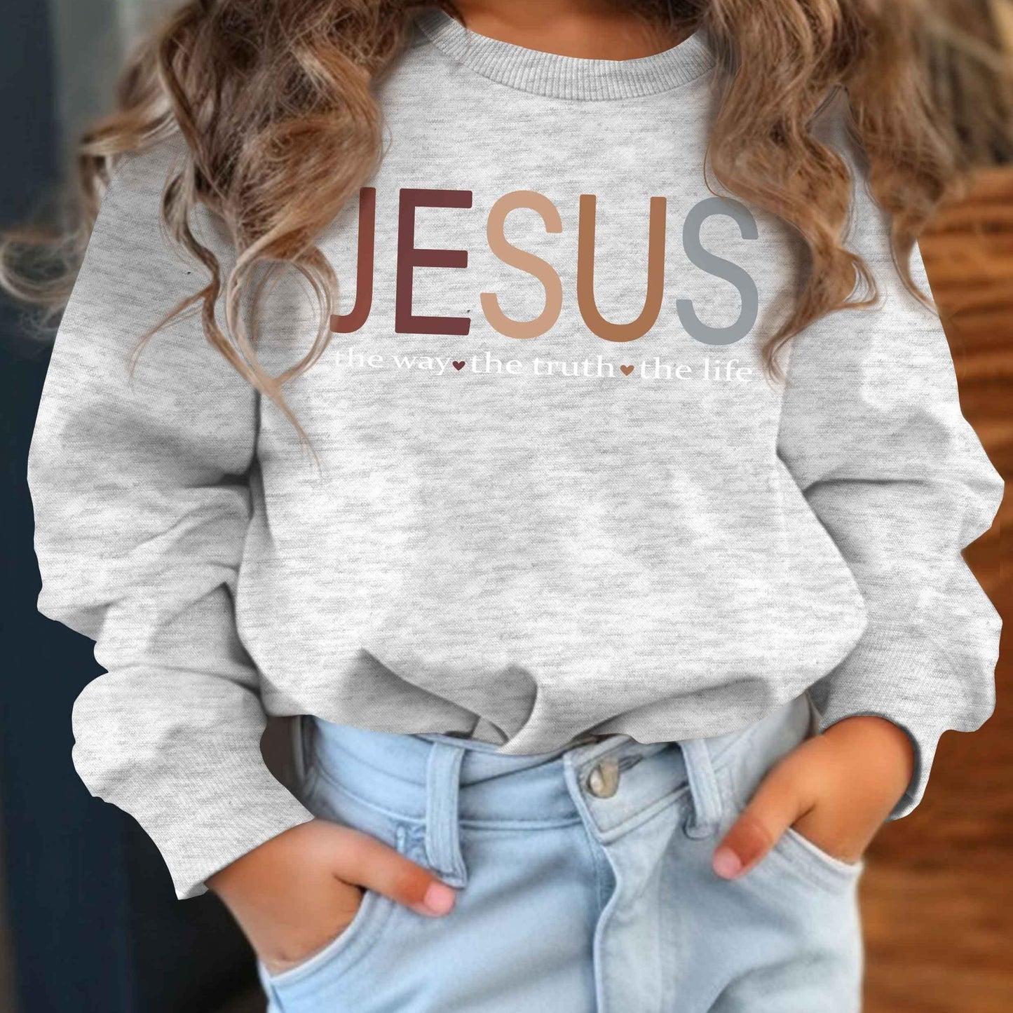 Vibrant Jesus Graphic Sweatshirt - Soft Crew Neck, Casual Sporty Style, Outdoor Wear, Gift Idea for Girls, Kids' Clothing, Relaxed Fit, Comfortable Fabric