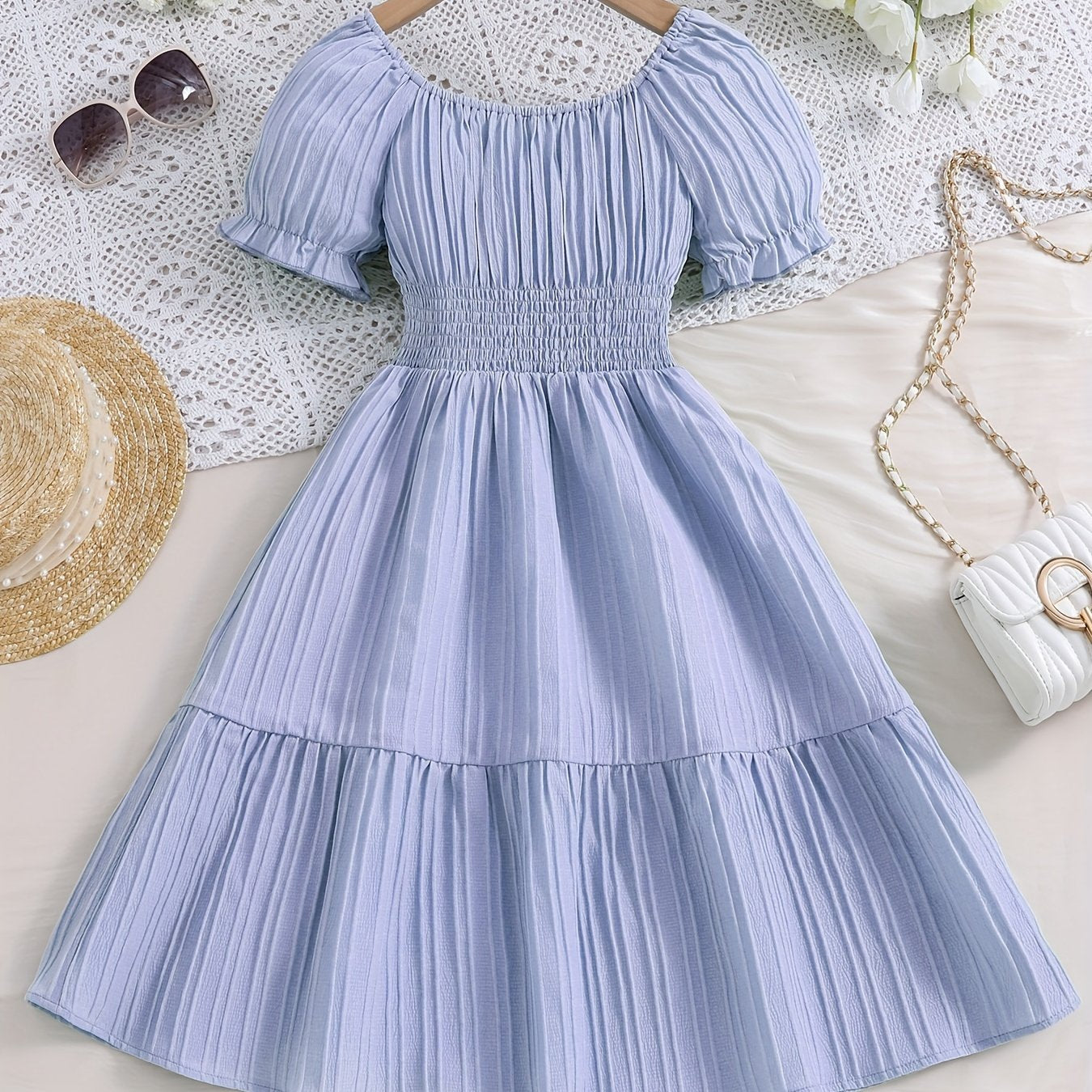 Knee High Girls Elegant Peplum Dress - Shirred, Puff Short Sleeve, Boat Neck, Non-Stretch Polyester, Solid Color, Casual Vacation Dress for Spring and Summer