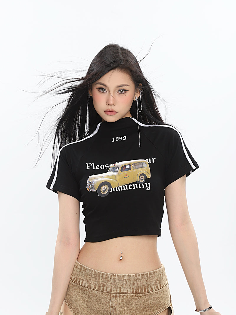 Antmvs Delancy Graphic Automobile Image Print Turtleneck Solid Color Short Sleeve Cropped Top