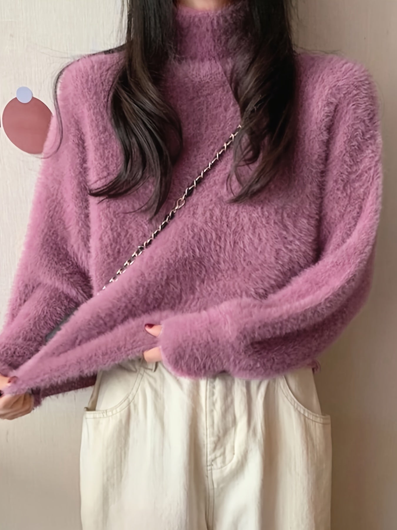 Antmvs Solid Mock Neck Plush Pullover Sweater, Casual Ong Sleeve Cozy Sweater, Women's Clothing