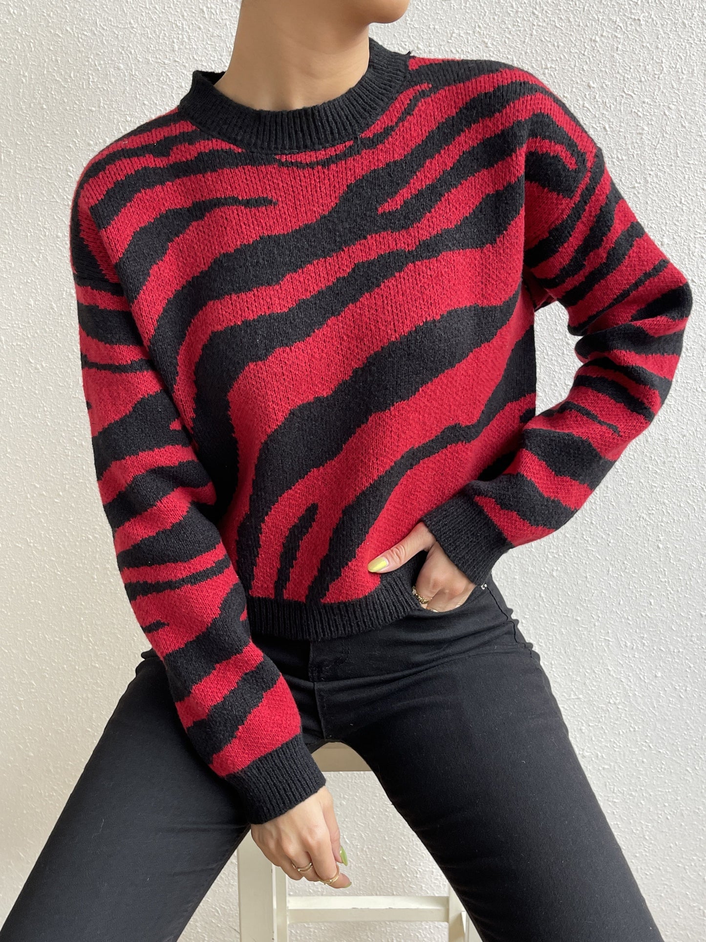 Antmvs Color Block Round Neck Long Sleeve Sweater, Vintage Jacquard Striped Comfy Autumn Sweater, Women's Clothing
