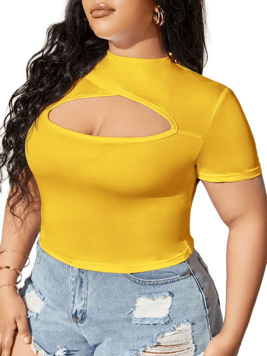 Antmvs Plus Size Sporty Top, Women's Plus Plain Cut Out Short Sleeve High Neck Slight Stretch Top