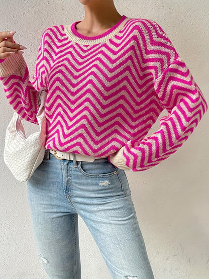 Antmvs Striped Crew Neck Knitted Sweater, Cute Long Sleeve Drop Shoulder Sweater, Women's Clothing
