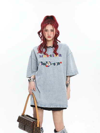 Antmvs Martina Colorful Letter Embroidery Washed Denim Blue Short Sleeve Baggy Long T-shirt Top