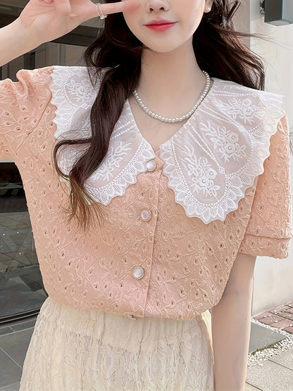 Antmvs Contrast Trim Elegant Blouse, Short Sleeve Blouse For Spring & Summer, Women's Clothing