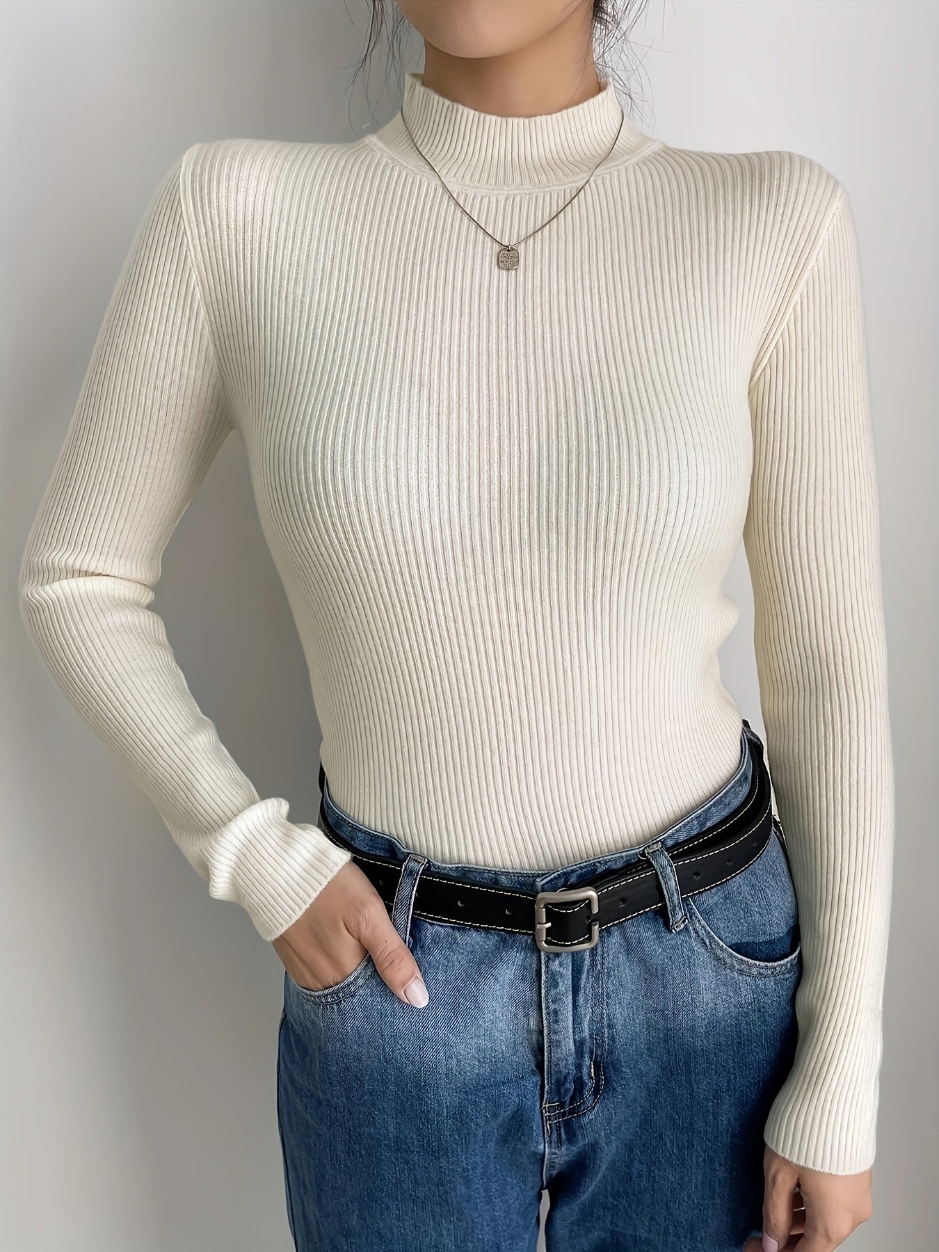 Antmvs High Neck Rib Knit Sweater, Casual Solid Long Sleeve Sweater, Women's Clothing