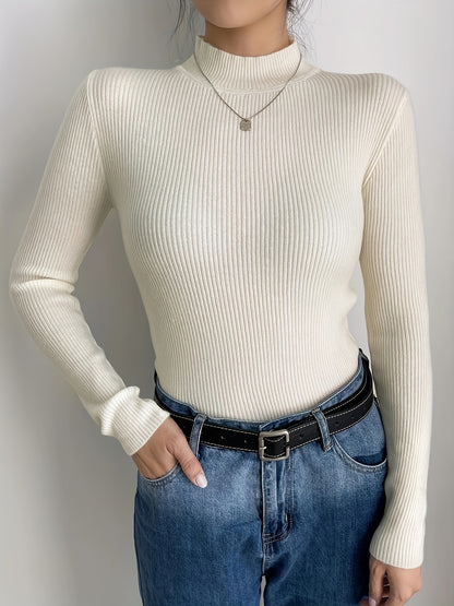 Antmvs High Neck Rib Knit Sweater, Casual Solid Long Sleeve Sweater, Women's Clothing