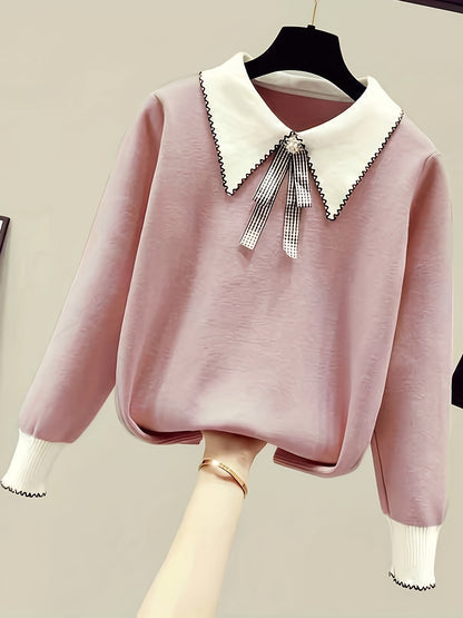 Antmvs Long Sleeve Shirt Collar Sweater, Spring & Fall Elegant Casual Warm Sweater, Women's Clothing