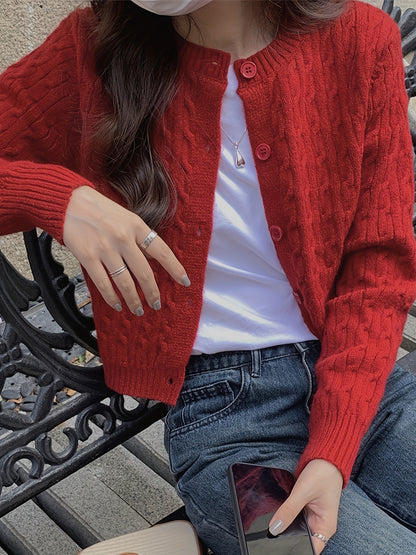Antmvs Solid Button Up Cable Knit Cardigan, Elegant Crew Neck Long Sleeve Sweater For Spring & Fall, Women's Clothing