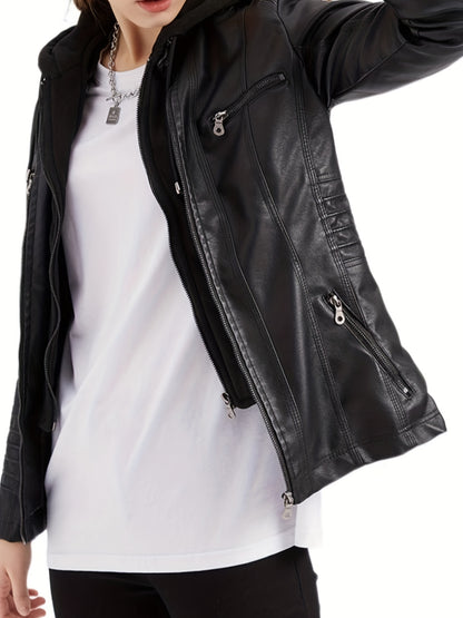 Antmvs Hooded Faux Leather Jacket, Casual Zipper Long Sleeve Outerwear, Women's Clothing