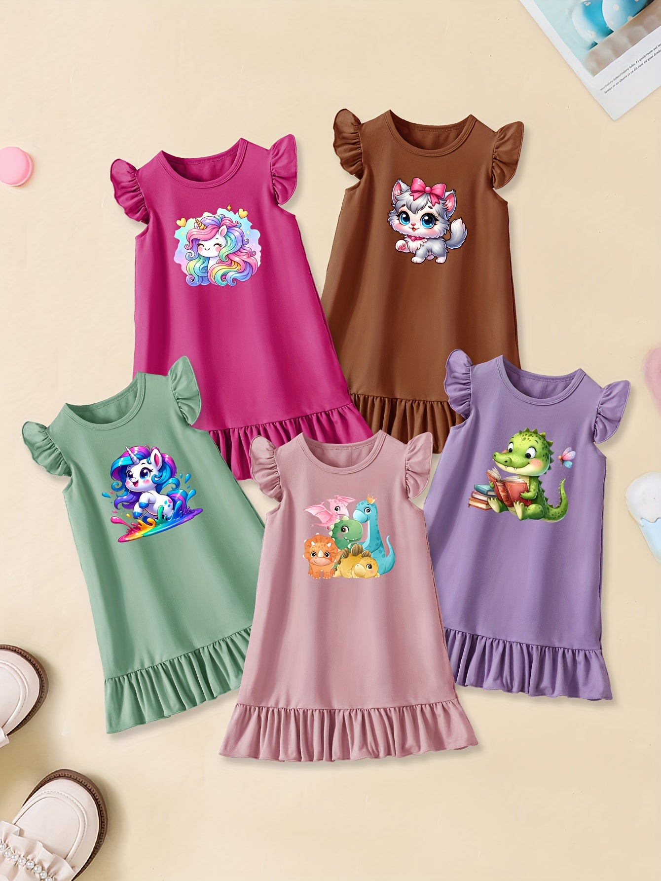 5pcs Cartoon-Themed Graphic Print Crew Neck Ruffle Sleeve Dresses Set for Girls - Soft Knitted Fabric, Slight Stretch, Regular Fit, Trendy Casual Style for Summer Fun