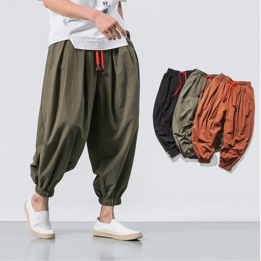 ANTMVS Chinese Style Japanese Style Linen Casual Pants Men's Cropped Loose Wide Leg Ankle-Tied Fat Fashion Brand plus-Sized plus Size Harem Pants