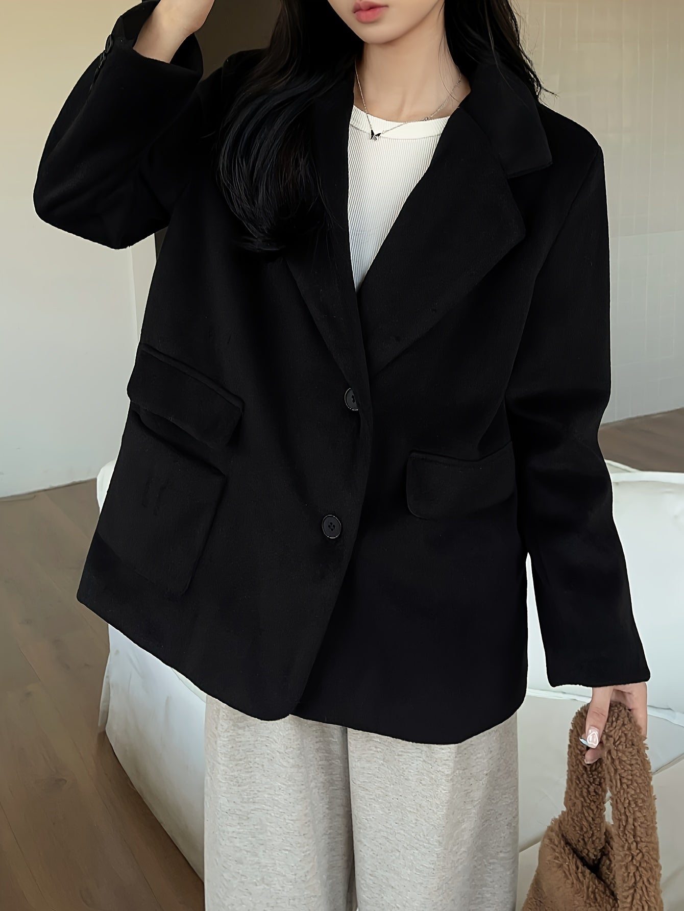 Antmvs Button Front Notched Collar Coat, Casual Thermal Long Sleeve Pocket Blazer For Fall & Winter, Women's Clothing