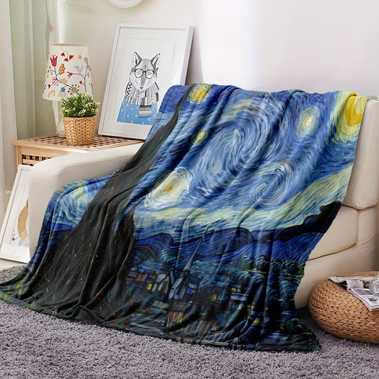 1pc Premium Flannel Art Blanket with Vibrant Van Gogh Starry Night Design - Soft, Cozy, and Durable Home Decor for Bedroom, Living Room, Office, and Travel - Unique Fashion Art Piece for Any Space