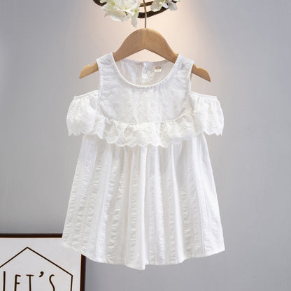 Girls' 100% Cotton Embroidered Summer Dress Shirt, Cute Baby Off-Shoulder Fashion Top With Lace Details, Toddler Kindergarten Outfit - White