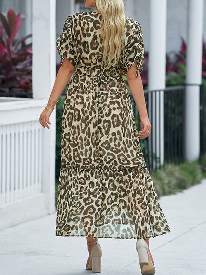 Antmvs Split-Joint Leopard Short Sleeves Loose Deep V-Neck Maxi Dresses