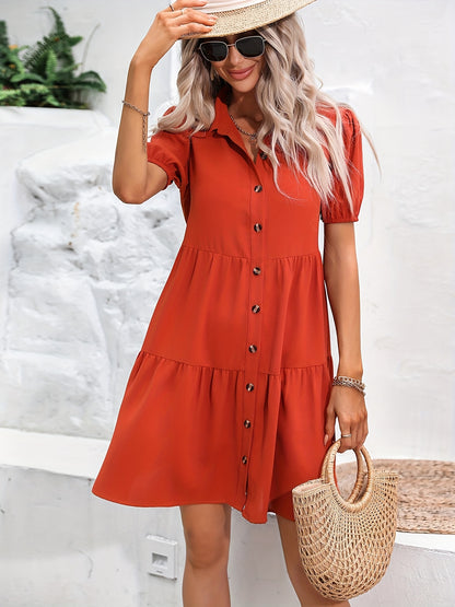 Antmvs Button Front Ruched Dress, Casual Short Sleeve Mini Dress With A Collar, Women's Clothing