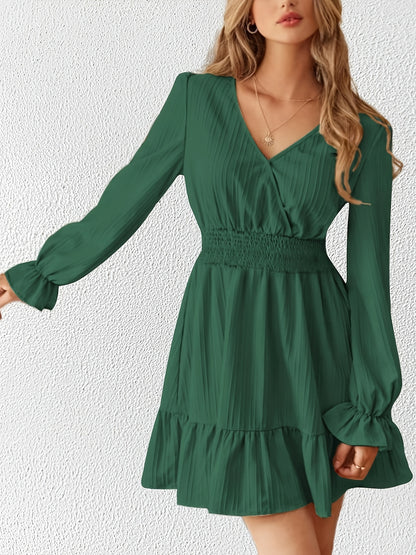 Antmvs Shirred Waist Ruffle Trim Dress, Casual V Neck Long Sleeve Dress, Women's Clothing