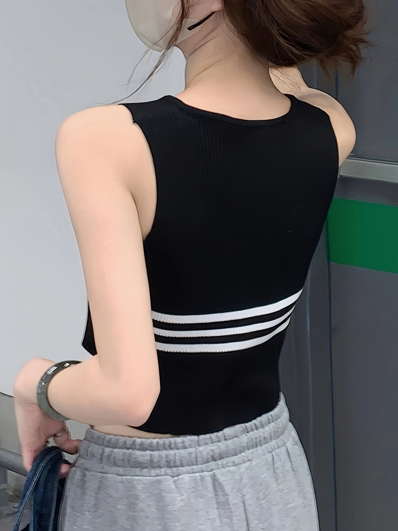 Antmvs Letter & Striped Pattern Crop Knitted Top Casual V Neck Sleeveless Tank Top, Women's Clothing