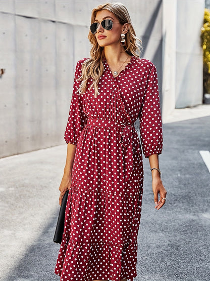 Antmvs Polka Dot Print 3/4 Sleeve Dress, Elegant Wrap Neck Midi Dress, Women's Clothing