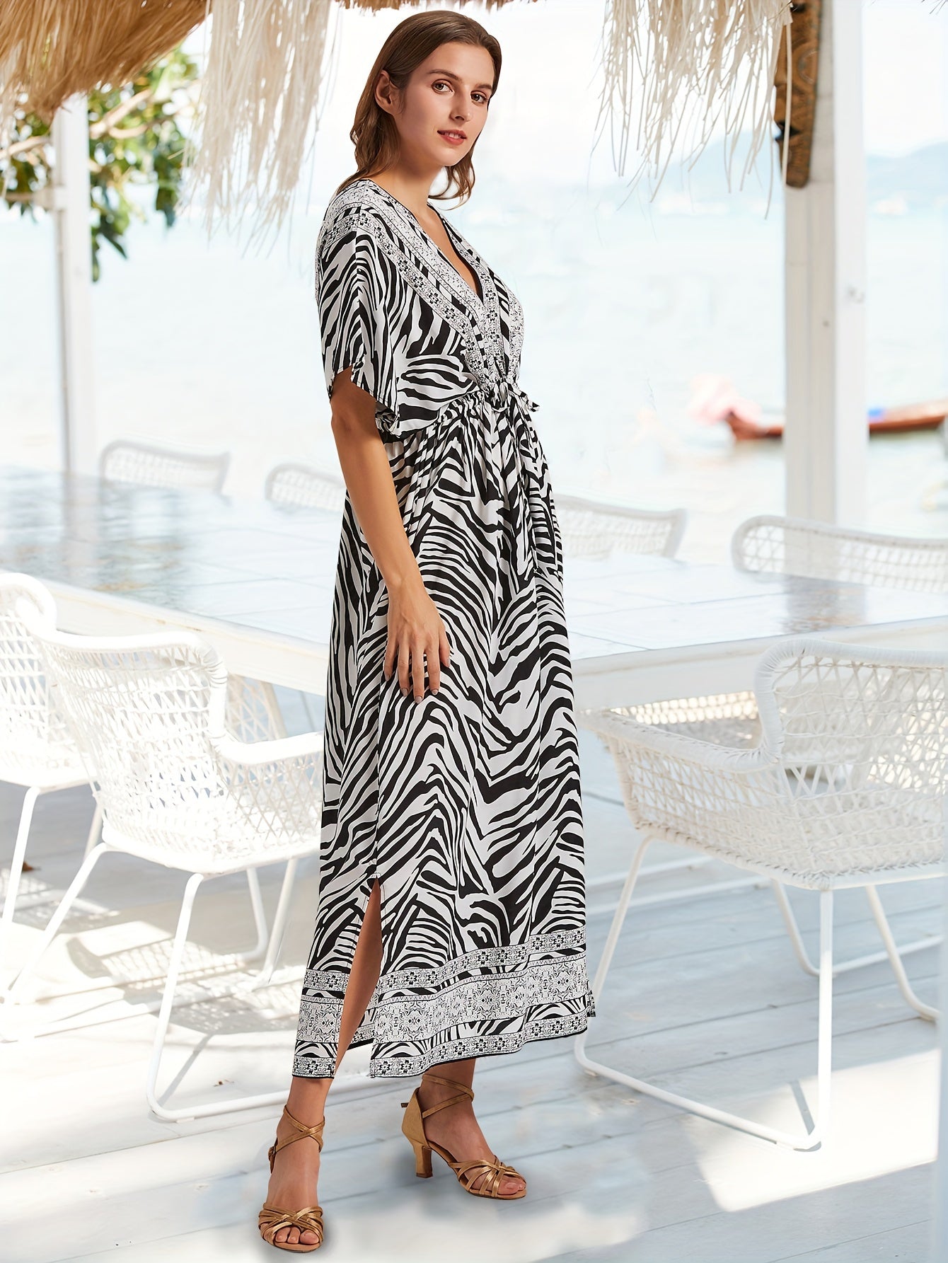 Antmvs Zebra Print Split Midi Dress, Boho V Neck Batwing Sleeve Dress, Women's Clothing