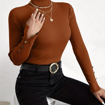 Antmvs Solid Turtle Neck Slim Pullover Sweater, Casual Long Sleeve Fake Button Sweater For Fall & Winter, Women's Clothing